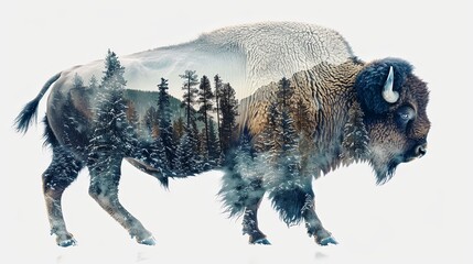 Bison design with mountain landscape and forest double exposure