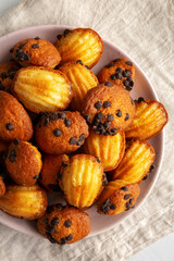 Homemade Chocolate Chip Madeleines on a Plate, top view. Overhead, from above, flat lay.
