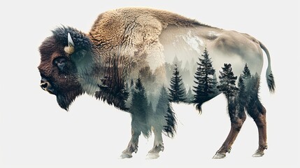Bison design with mountain landscape and forest double exposure