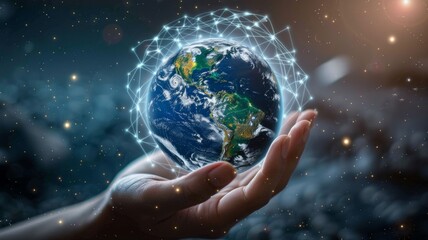 Hand holding the Earth with glowing network - A human hand holds a vibrant representation of Earth encased in a luminous network symbolizing global connectivity and environmental awareness