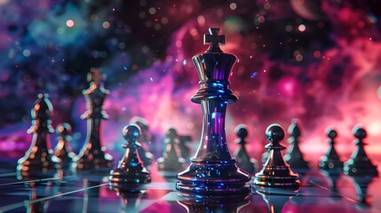 Fototapeta premium Holographic Chess King Surveying a DataFueled Battlefield of Advanced Pawns Generative ai