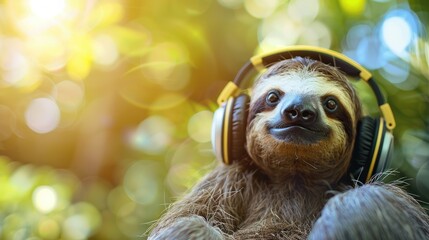 Cute sloth in headphones listens to music on a natural blurred background with space for text