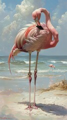 A Greater Flamingo gracefully balances on one leg in the blue ocean water