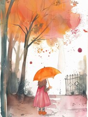Little girl under an umbrella in autumn - A watercolor illustration capturing a young girl contemplating a rainy autumn day under her umbrella, depicting introspection and change - obrazy, fototapety, plakaty