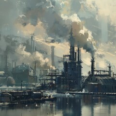 Artistic painting of industrial waterfront - Abstract painting capturing the atmospheric setting of an industrial waterfront with smoke - obrazy, fototapety, plakaty
