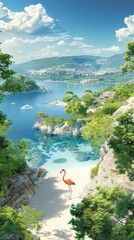 A Greater Flamingo gracefully balances on one leg in the blue ocean water