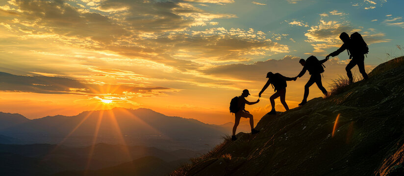 Silhouetted group of hikers helping each other climb a mountain at sunset