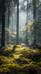 A misty forest with sunlight filtering through the dense canopy, casting eerie shadows on the mosscovered ground