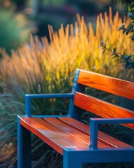A minimalist, modern garden chair with sleek lines and a pop of vibrant color