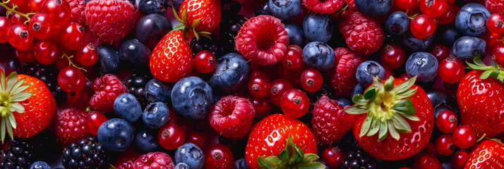 Lots of red and blue berries. Panorama banner