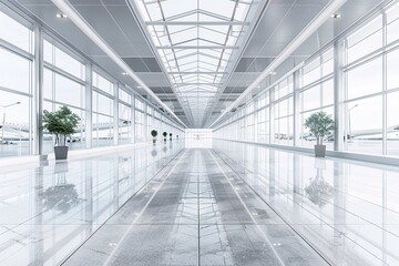 3D rendering of office background, modern business hall with light reflection on the floor, airport for background.