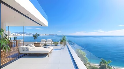 View from luxury apartment to open sea. A spacious balcony with an expansive view of the Mediterranean Sea, offering stunning ocean views from every angle.  - obrazy, fototapety, plakaty