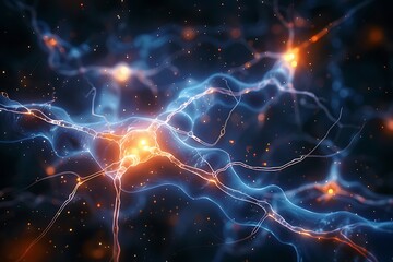 Neurons triggering brain activity triggering biological electrical nerve signal, chemical receptor cell, neurotransmitter, dendritic, and neural medicine - obrazy, fototapety, plakaty