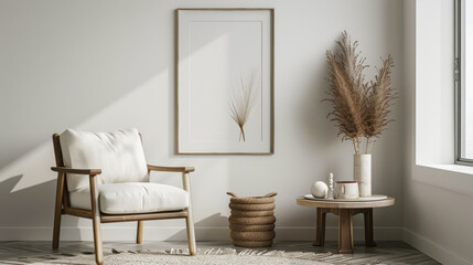 A white chair is in a room with a white wall and a white framed picture. The chair is placed in front of a window
