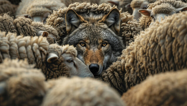 Intense wolf gaze among sheep flock, a striking wildlife contrast