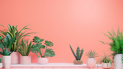 Houseplants in pots on pink background. 3d rendering.