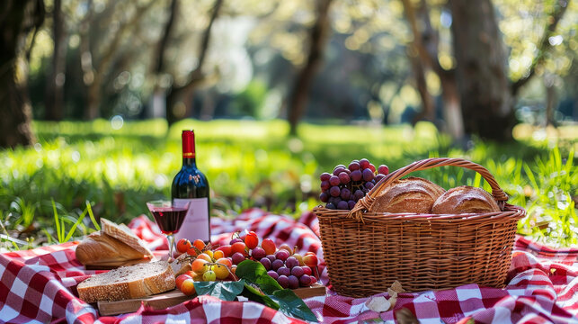 Idyllic picnic setup in a sunny park with red and white checkered blanket, wine, and fresh food