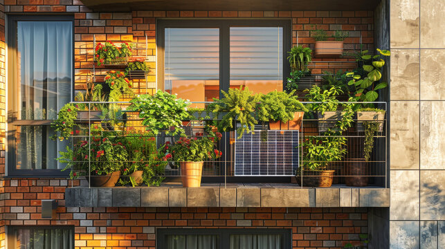 Eco-friendly urban balcony garden with solar panel during sunset