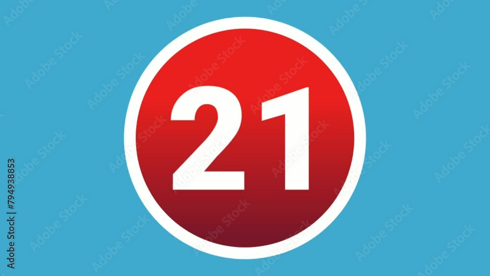 Poster number 21 twenty one sign symbol animation motion graphics icon on red circle on blue screen backgro
