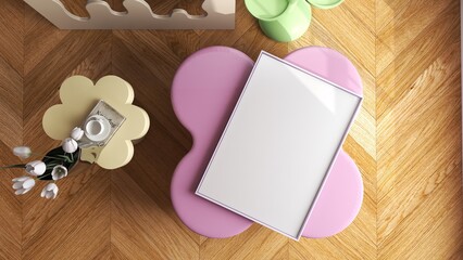 Frame mockup front view, flower colorful furnitures. empty poster mock up, danish and trendy interior design. 3D illustration
