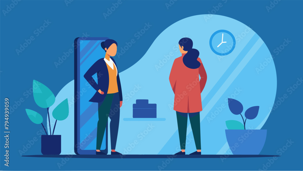 Poster a person standing confidently in front of a mirror with the reflection showing them as a financially