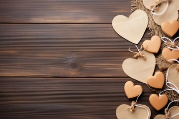 Assorted fabric hearts tied with twine on a dark wooden surface, concept of handmade love tokens. - Powered by Adobe