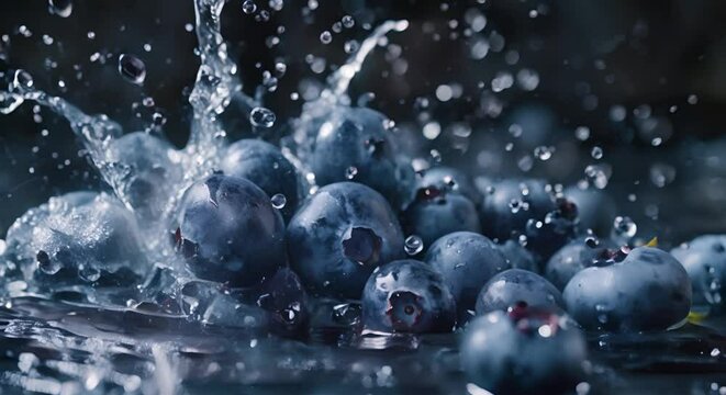 A bunch of ripe blueberries making a splash in dark water, contrasting beautifully