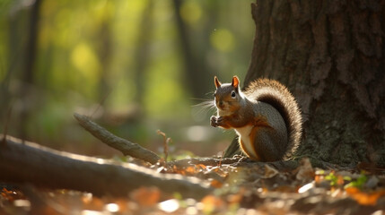 Fototapeta na wymiar A playful squirrel gathering nuts in a sun