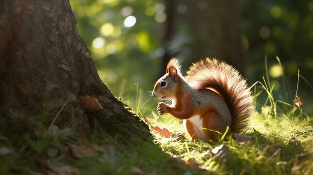 A playful squirrel gathering nuts in a sun