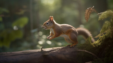 A playful squirrel leaping from branch to branch in a leafy forest, its bushy tail twitching with excitement. - obrazy, fototapety, plakaty
