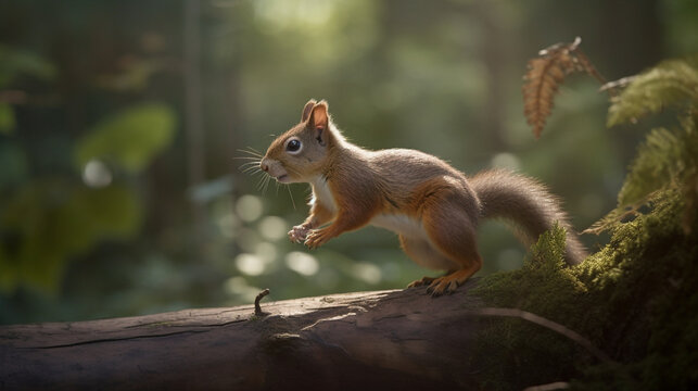 A playful squirrel leaping from branch to branch in a leafy forest, its bushy tail twitching with excitement.