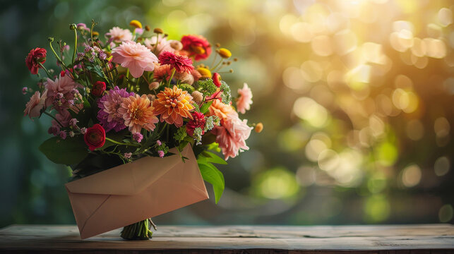 Elegant bouquet of fresh flowers in a stylish envelope on a wooden table, illuminated by sunlight