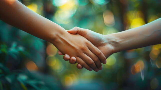 Close-up of two people holding hands in a warm, natural setting