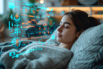 Naklejka premium Dreaming of Digital Frontiers A Woman's Mind Connected to Tech