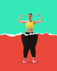 Young girl with slim, fit upper body and oversized fat legs. Conceptual design. Showing progress and creating healthy, balanced lifestyle. Concept of weight-loss, sport, dieting