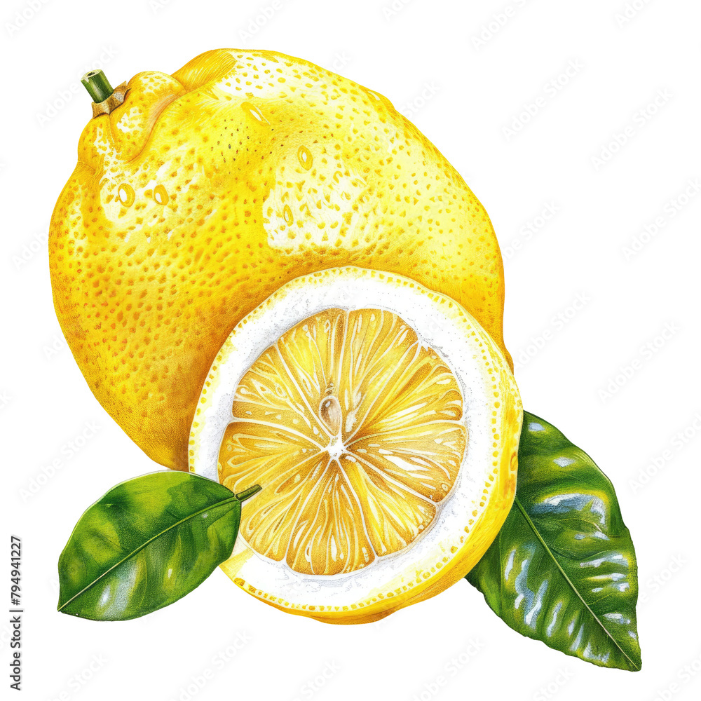 Poster a vibrant image of a whole lemon with a slice and a leaf set against a transparent background