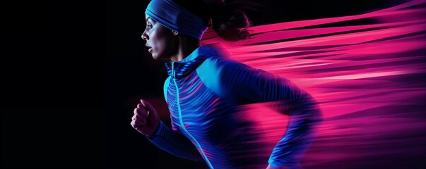 Running woman. Dynamic photo of a female runner wearing stylish sportswear running at night.