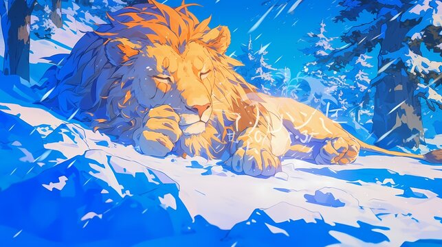 illustration of a lion sleeping in the snow