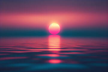 a blurred sunset paints the sky with tangerine hues, the sun a vibrant orb at its center. Horizontally composed, the scene transitions from orange-pink tones above to deep blues below. - obrazy, fototapety, plakaty