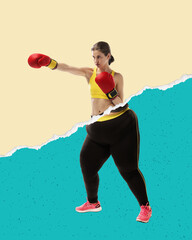 Cardio exercises burning fats. Slim sportive woman boxing, training with oversized legs. Conceptual design. Challenges and success. Concept of weight-loss, sport, dieting, healthy lifestyle