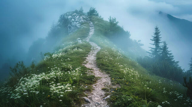 Misty mountain trail with blooming wildflowers and foggy ambiance