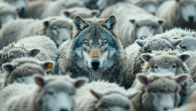 Lone wolf in disguise surrounded by a flock of unsuspecting sheep