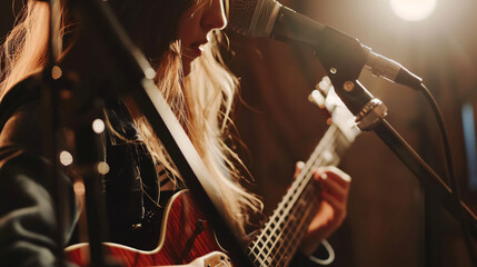 Close-up of a female singer playing the guitar in the recording studio