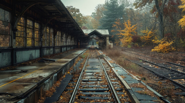 Desolate post-apocalyptic railway station with rusty tracks and autumn foliage