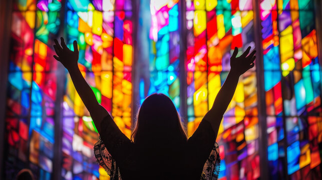 Woman silhouetted against vibrant stained glass with arms raised in celebration