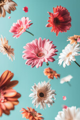 Various gerbera and daisy flowers flying in the air, retro style colours, abstract spring background - obrazy, fototapety, plakaty