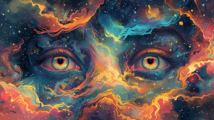 Psychedelic art-inspired design with intricate cosmic patterns and human eyes
