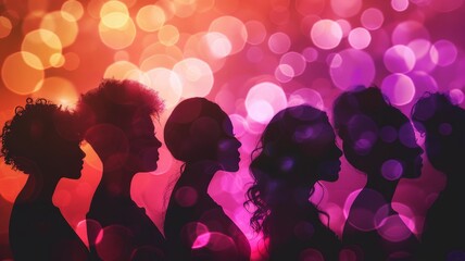 An array of silhouettes with pink bokeh light effect - Multiple silhouettes in a variety of poses are enhanced by a dreamy pink bokeh light effect suggesting a festive mood
