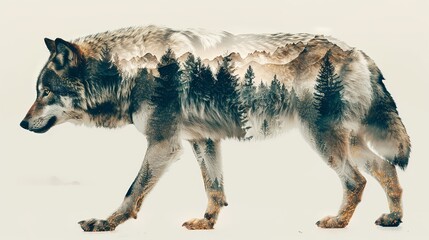 Graphic illustration of grey wolf portrait in mountain landscape with forest double exposure overlay isolated