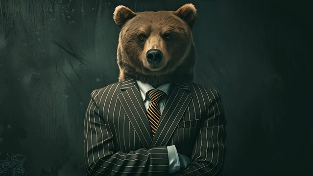 A bear wearing a suit and tie is standing with his arms crossed. The image has a humorous and playful mood